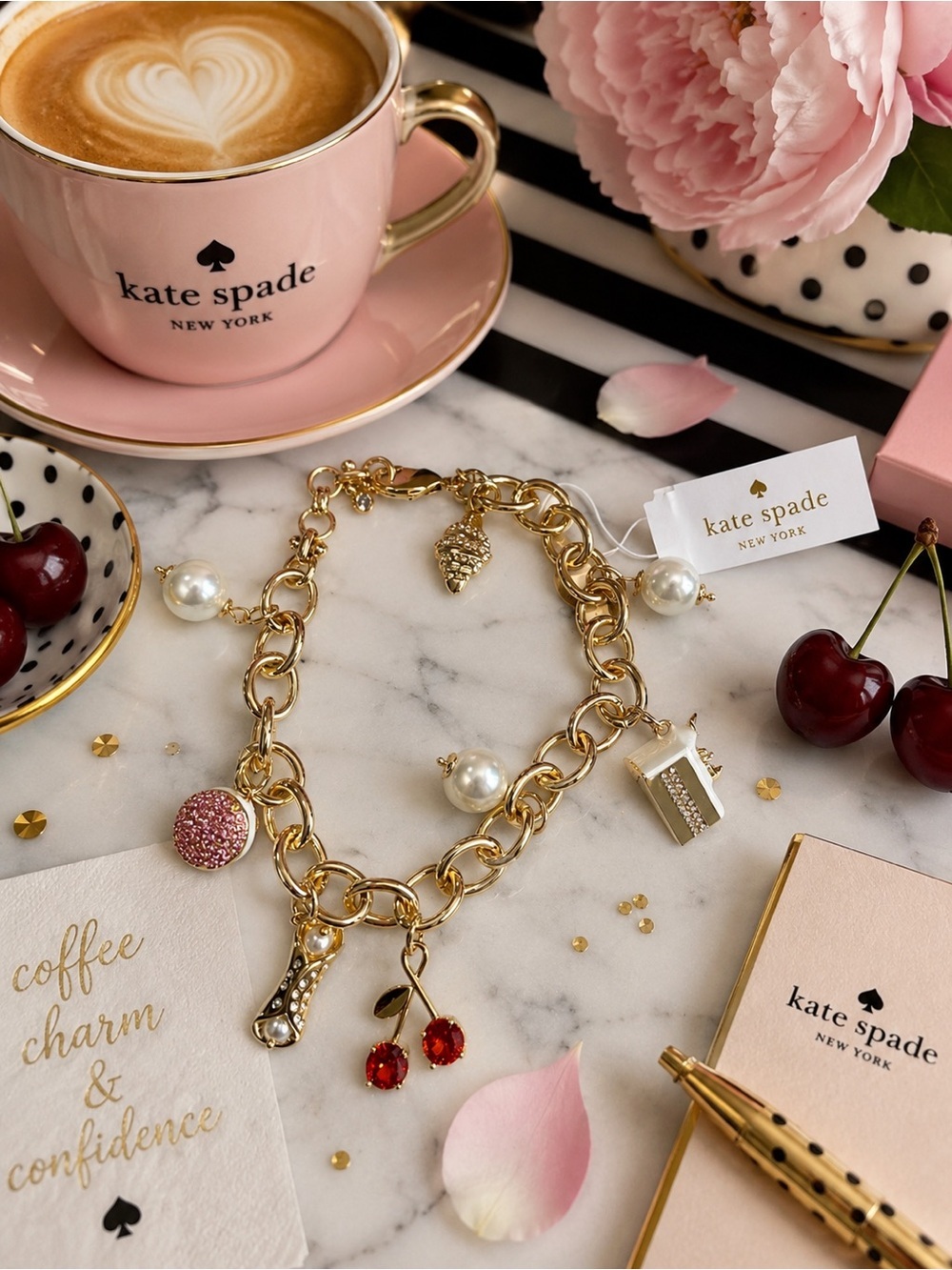 kate spade Gold Charm Bracelet with Pearls, Red Cherry & Pink Crystal Charm